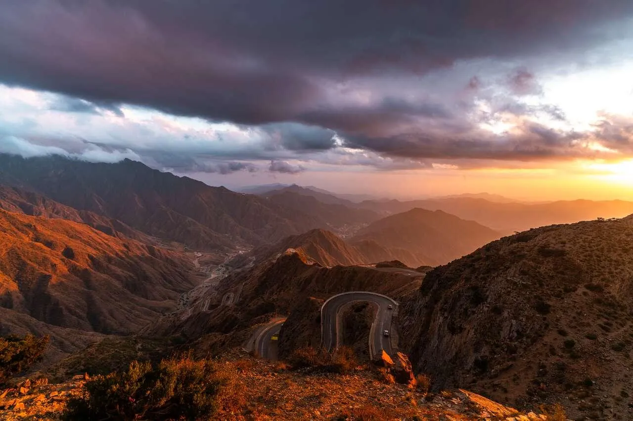Abha mountain highway at sunset with winding turns