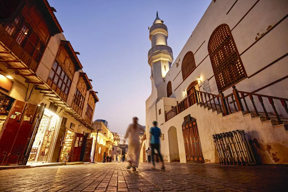 Al Balad historic architecture Jeddah with white minaret