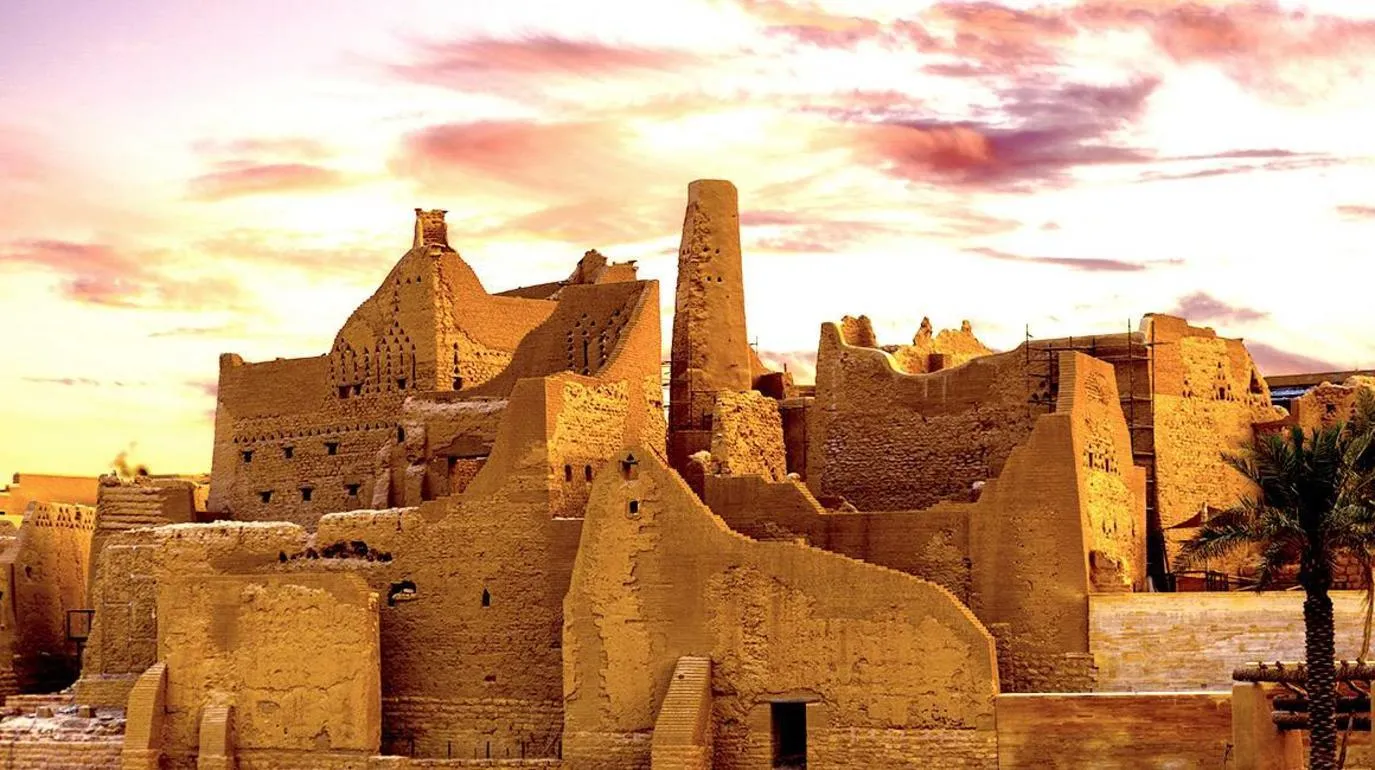 Historic At-Turaif mud brick palace Diriyah at sunset