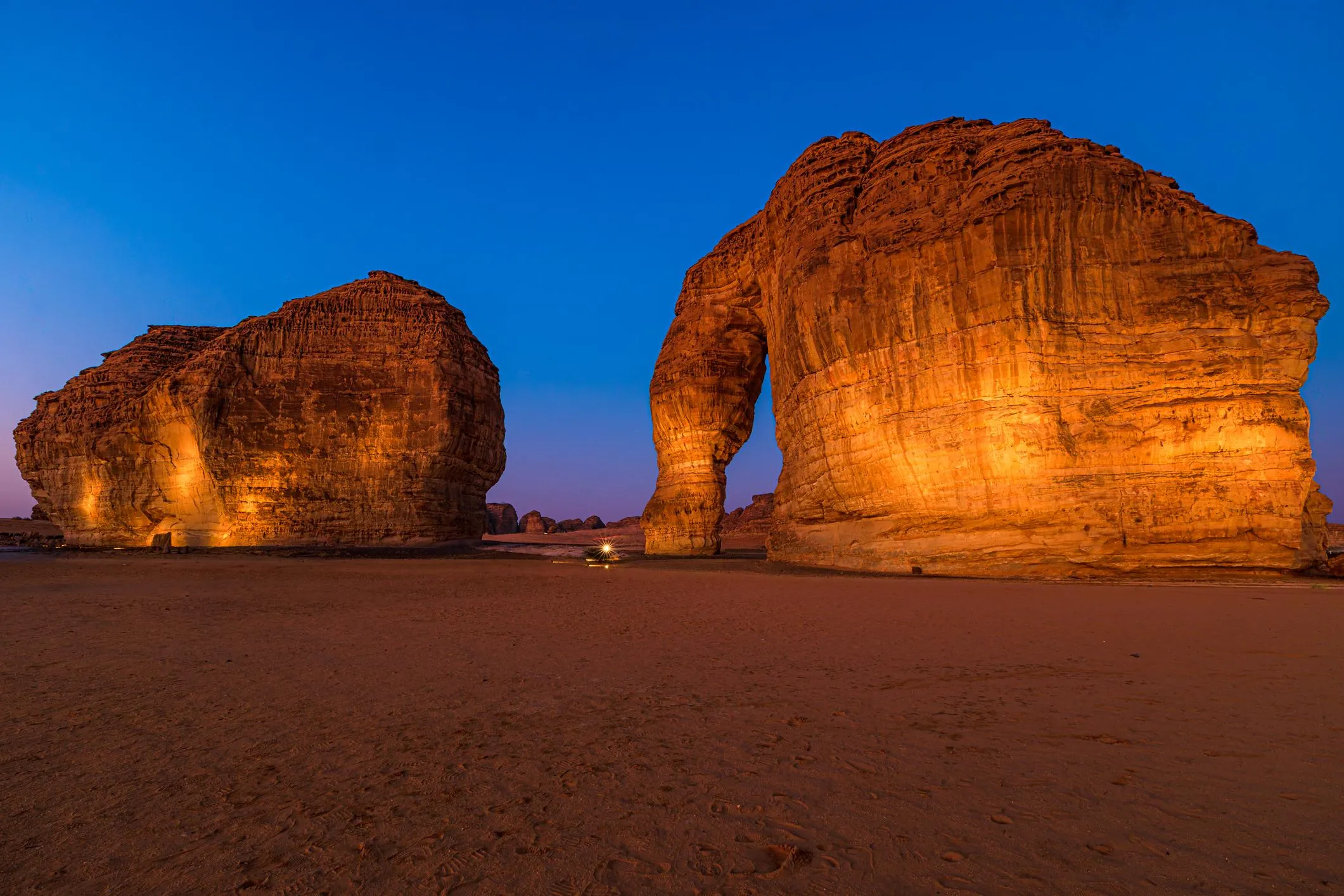 Illuminated Elephant Rock AlUla at night