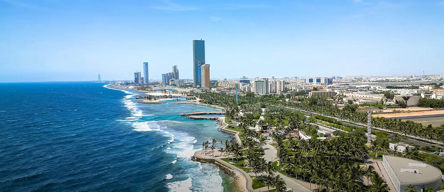 Panoramic view of Jeddah Red Sea coastal waterfront