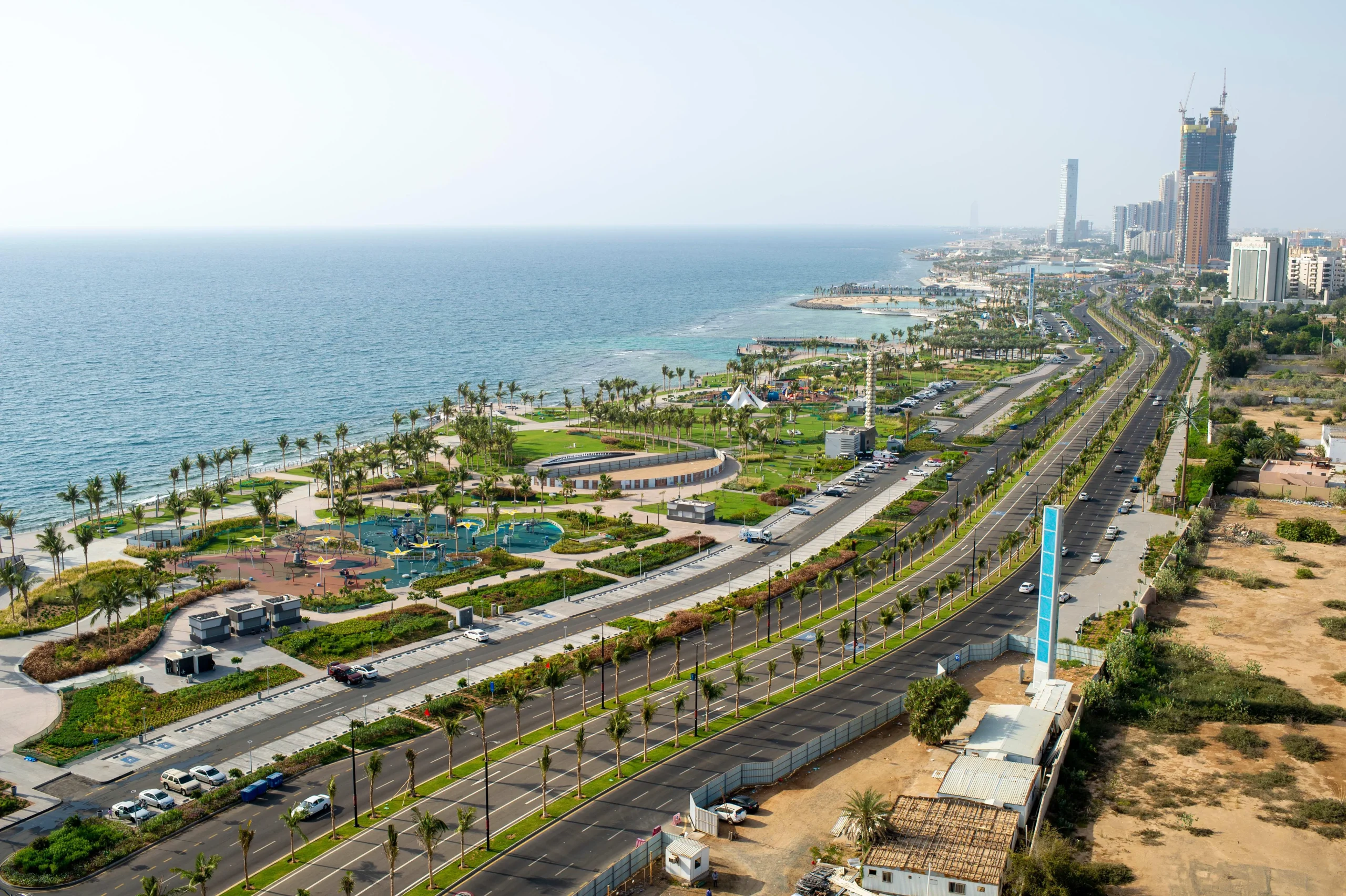 Aerial view of Jeddah seaside parks and highway