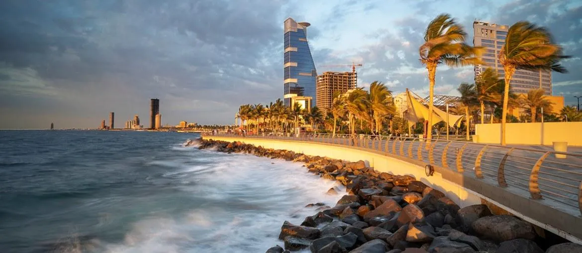Scenic view of Jeddah waterfront drive sunset along Red Sea