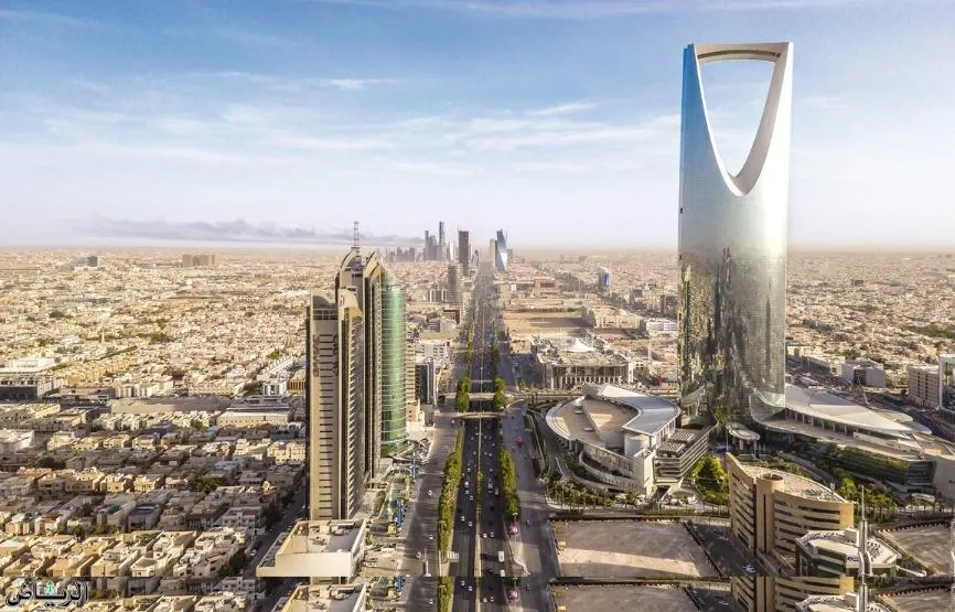 Aerial view of Kingdom Centre tower Riyadh skyline along King Fahd Road