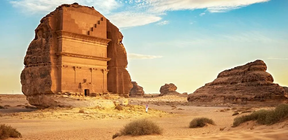Ancient Qasr al Farid tomb AlUla in desert sands
