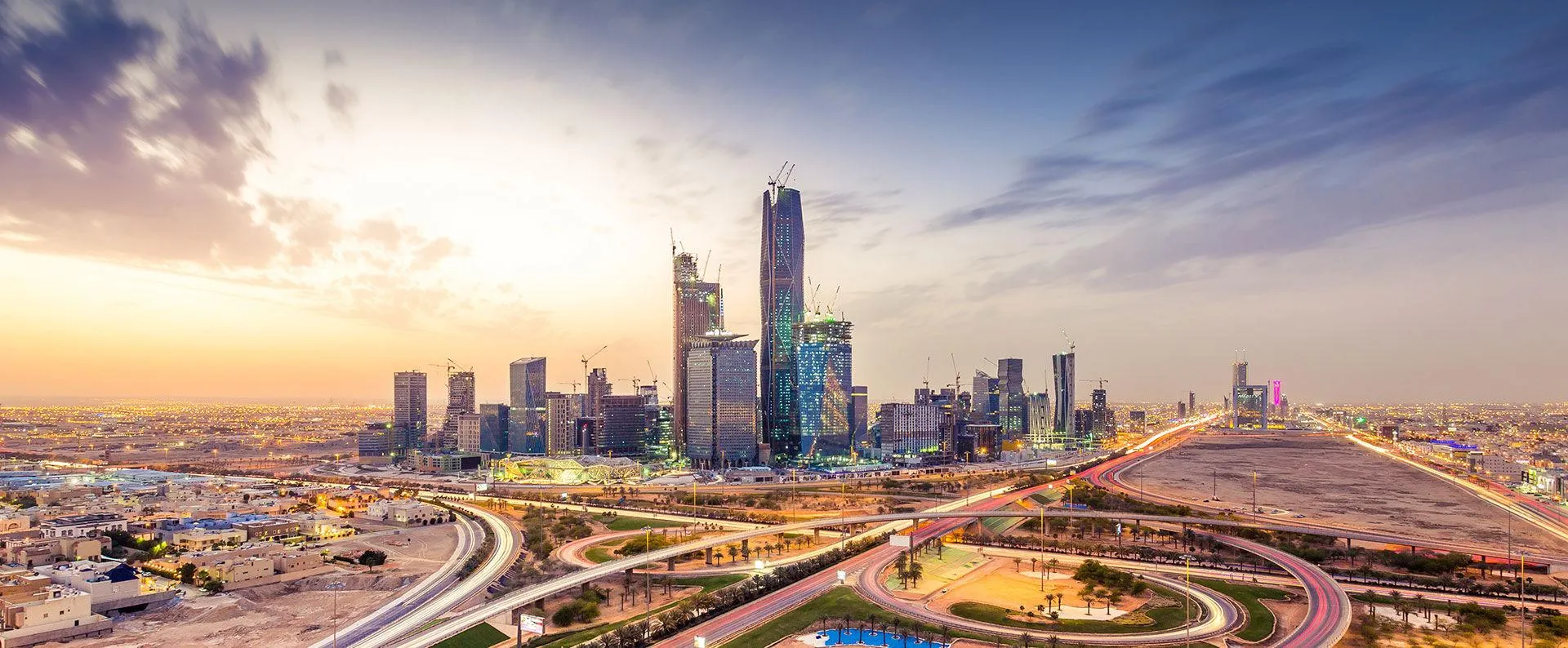 Riyadh KAFD financial district skyline at sunset