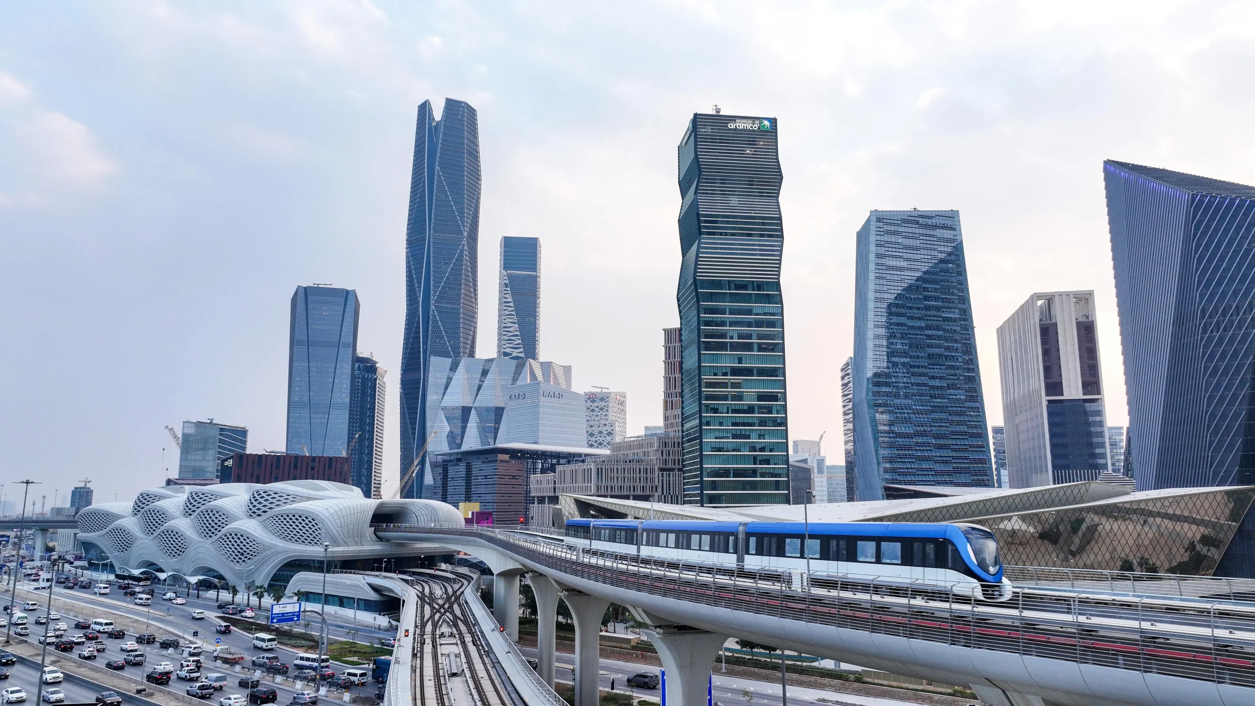 Riyadh Metro track KAFD with modern skyscrapers