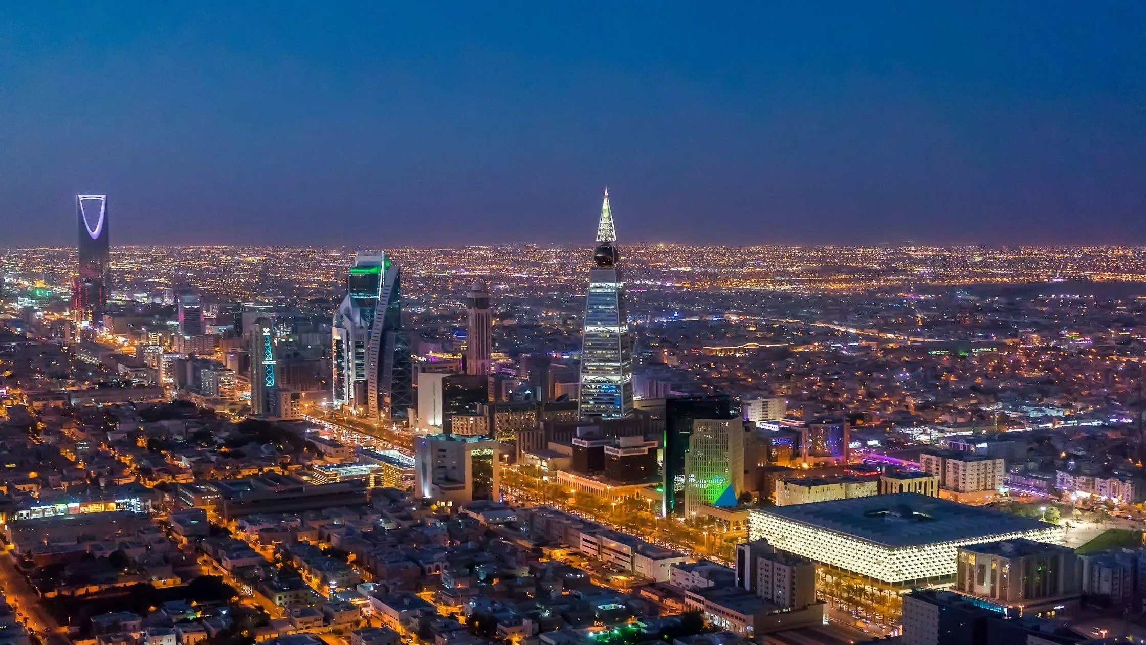 Riyadh illuminated night skyline with Al Faisaliah Tower