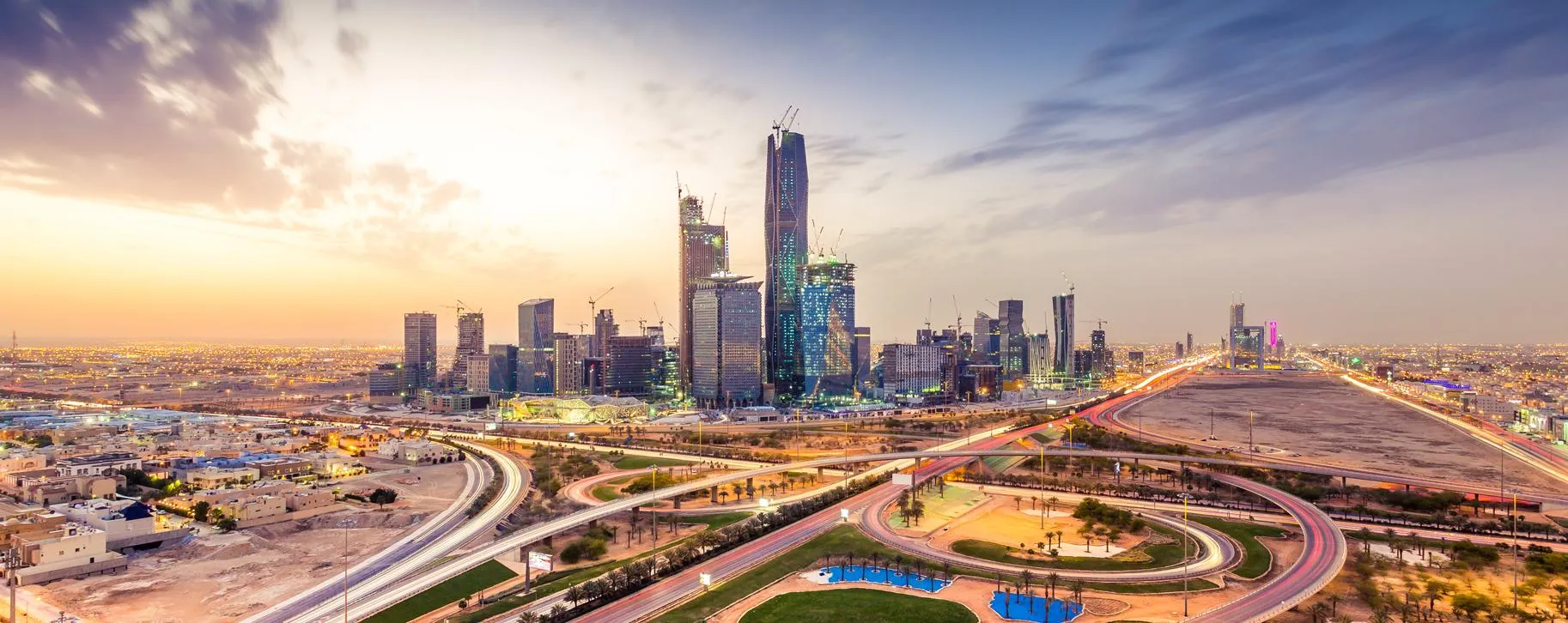 Panoramic view of Riyadh modern skyline at dusk