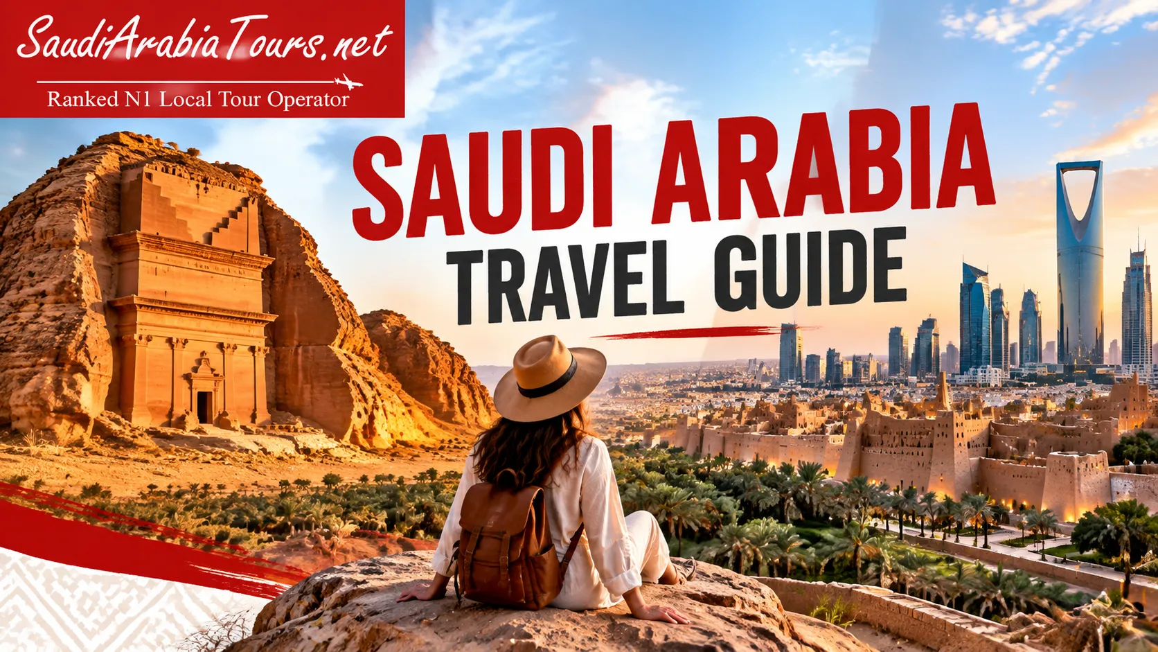 Saudi Arabia travel guide banner showcasing historic Hegra tomb and Riyadh skyline
