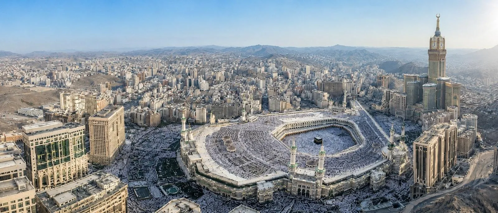 Aerial panorama of Grand Mosque Makkah and surrounding city