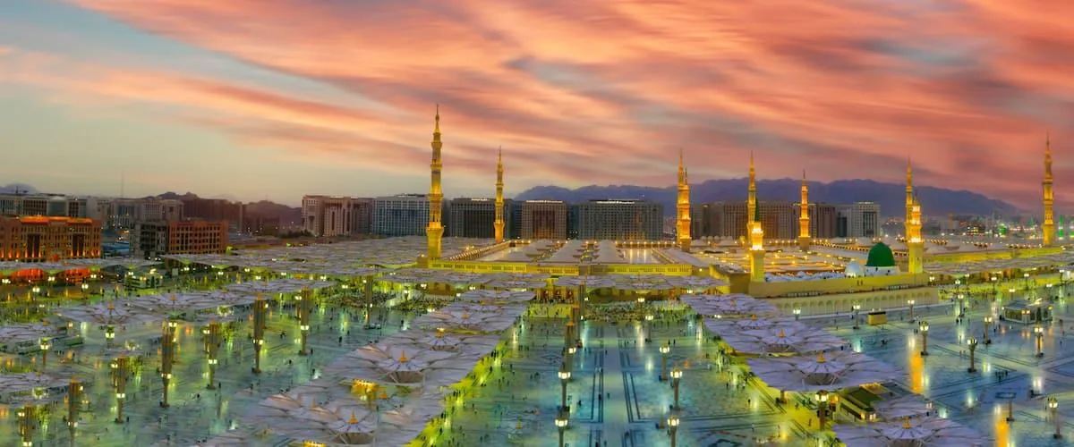 Aerial sunset view of Prophet Mosque Madinah courtyard