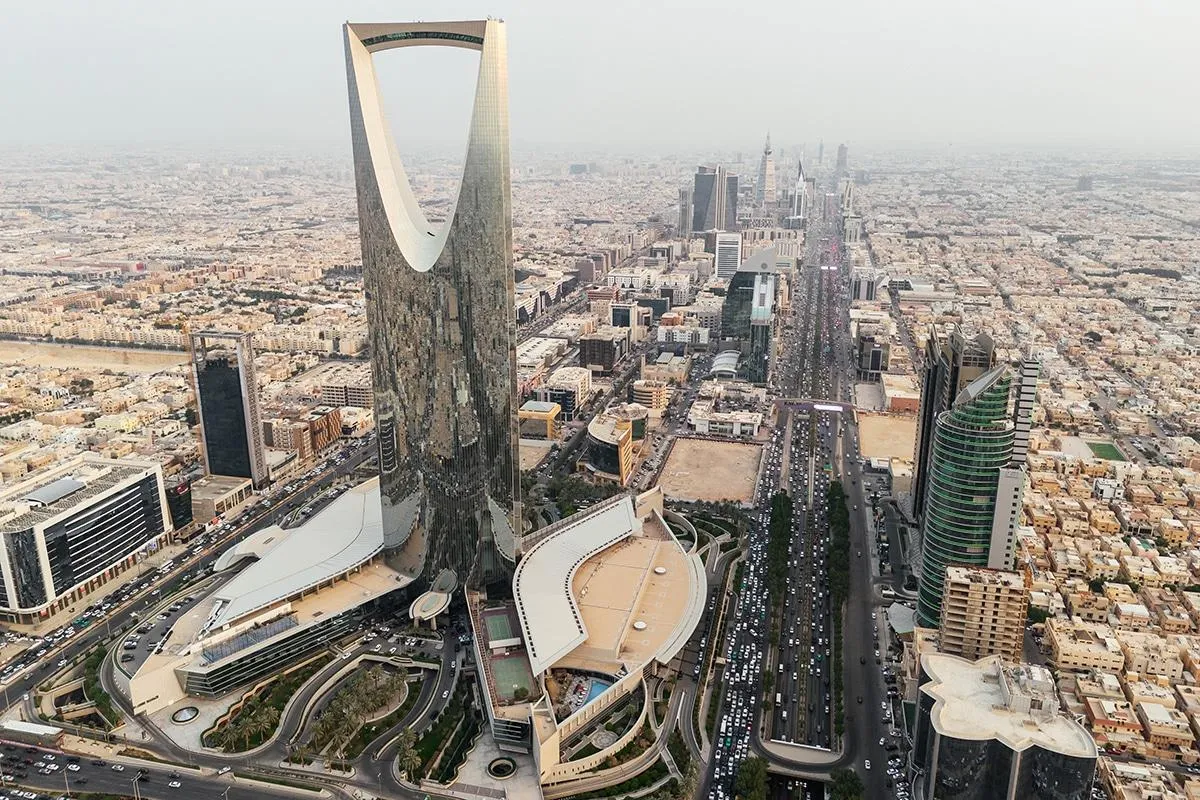 High aerial view of Riyadh city center along King Fahd Road
