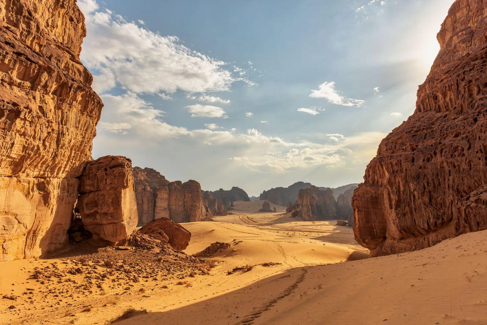 Scenic view of desert canyon valley in AlUla