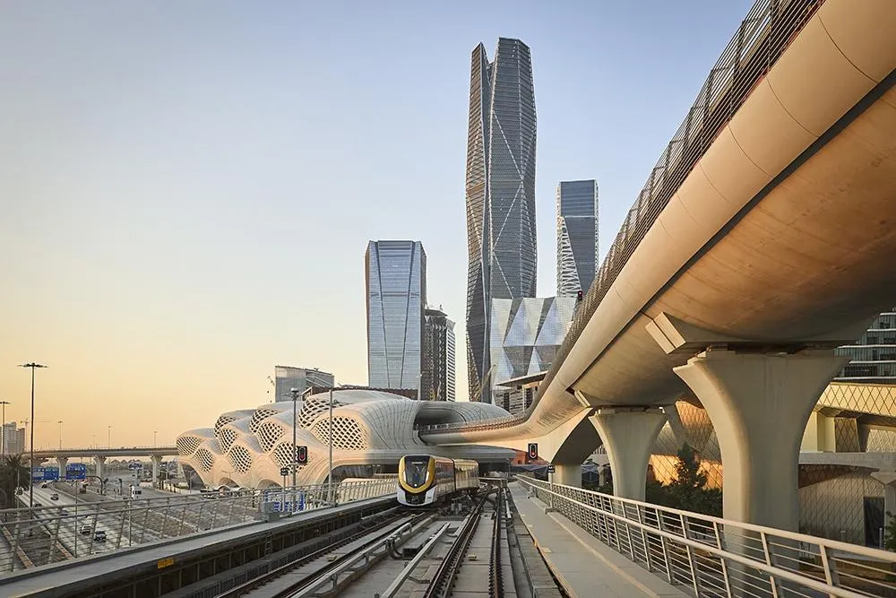 Modern station and elevated Riyadh Metro bridge at sunset