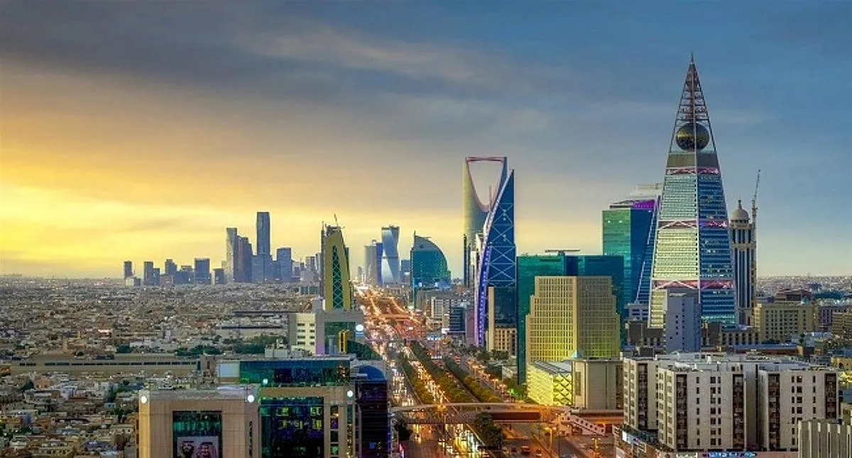 Modern architecture in Riyadh skyline during golden hour