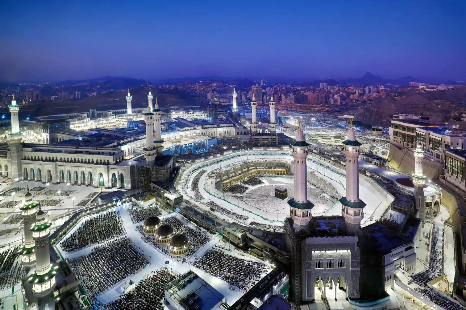 Illuminated night aerial view of Grand Mosque Makkah